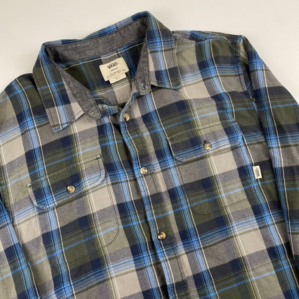 VANS Button Up Flannel Shirt Men’s M Long Sleeve Pockets Plaid Blue Gray